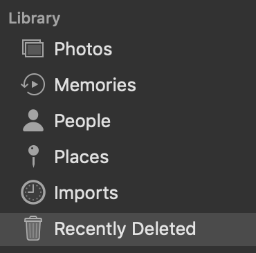 最近削除した項目が選択された iPhoto ライブラリ メニュー