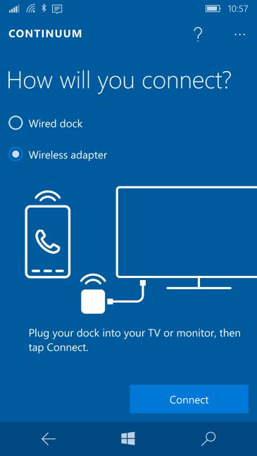 Windows 10 Mobile、Continuum、Microsoft ディスプレイ ドック、ワイヤレス