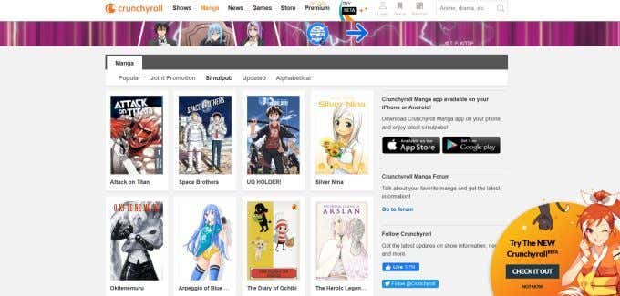 クランチロールのウェブサイトのスクリーンショット